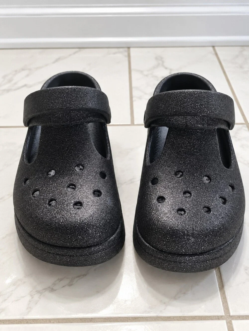 CROCS Kids Black Glitter Mary Jane Foam Clogs. Size 13.